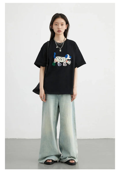 CHIC VEN Camisetas Femininas Soltas Streetwear Unissex Divertido Cão Bordado Manga Curta Algodão Blusas Menina Femininas Verão 2025