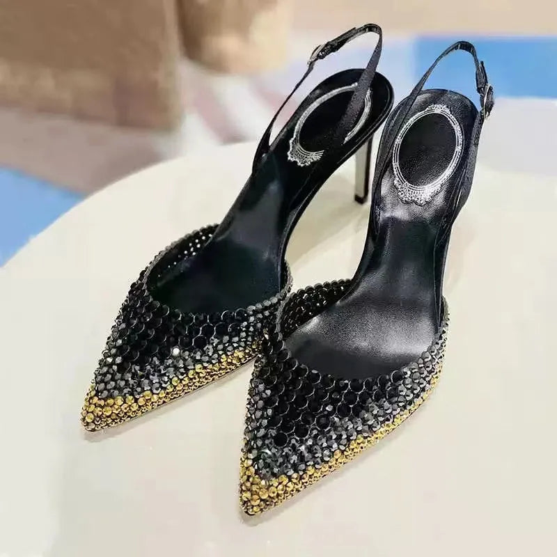 Rhinestones Gradient Slingbacks Women Pumps Fashion Bling Crystal Banquet Stiletto High Heels Fashion Party Prom Shoes