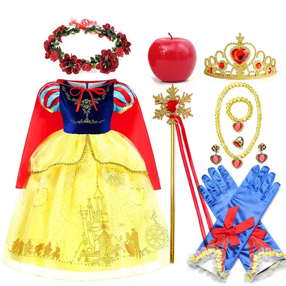Vestido Laranja Disney Princesa Cosplay de Manga Curta Fofo com Renda para Meninas + Capa + Conjunto de Acessórios Presente de Aniversário
