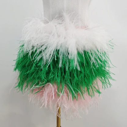 True ostrich feather Multicolor Mini Skirt Elastic Waist  Sexy Clothing Club Party Dance Rave Short Skirt Note select 3 colors