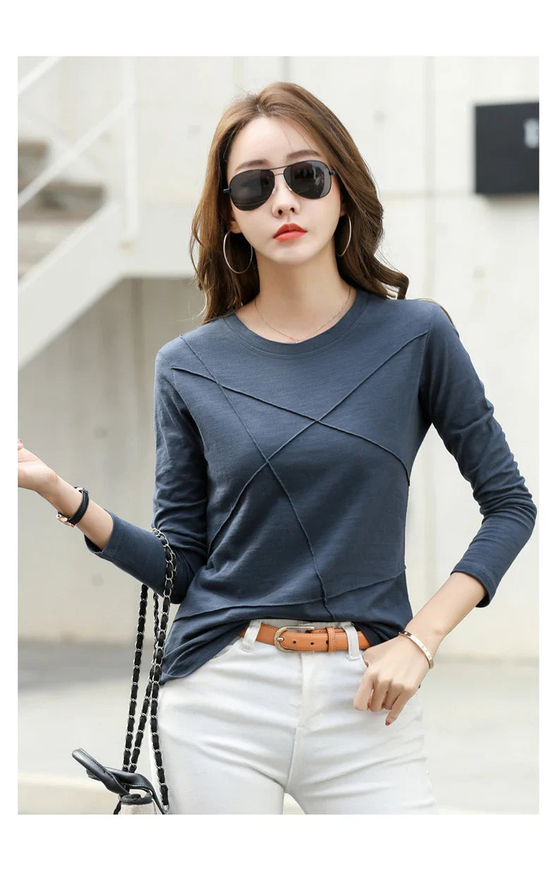 2026 Spring Long Sleeve Women O-Neck Bamboo Cotton T-Shirt Elegant Loose Ribbed Fashion Tee Shirt Ladies Simple Tops