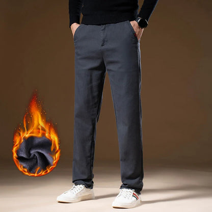 Korean Business Casual Fleece Men Pants Winter Thickened Straight Thermal Casual Pants Male Fashion Stretch Warm Velvet Trousers