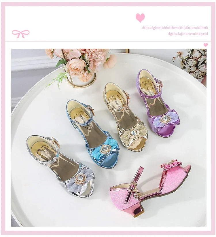 New Girl's High Heel Shoes for Kids Party Wedding Fashion Princess Causal Dress Shoes Sequins Versatile Children's Crown Sandals
