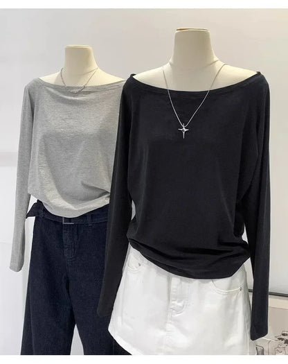 Autumn Winter One Shoulder Cotton Long Sleeve Slant Shoulder Women's Clothing Style Interior Wide Truffle Shoulder Base Shirt