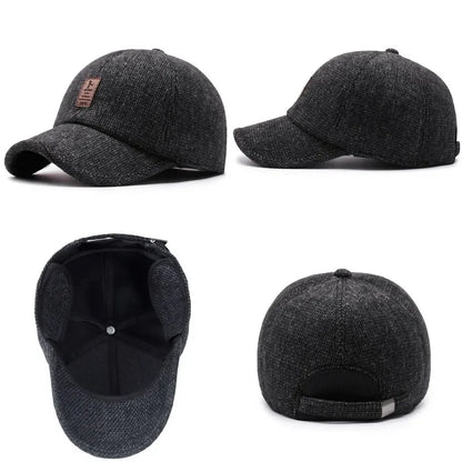 Autumn Winter Warm Men Woolen Baseball Cap Outdoor Ear Cover Earflaps Adjustable Hat Middle-aged Dad Hat With Earmuffs Design