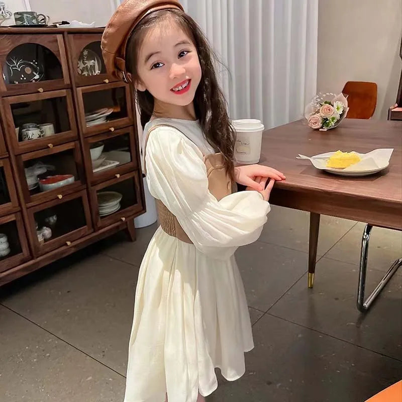 Spring Autumn Girls Dress Set Long Sleeve Children's Retro PU Leather Vest Dress Set Teenage Girls Clothing Suit 4 6 8  12Y