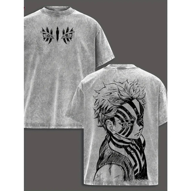 Washed Cotton Men's T-shirt, Anime Retro Anime Fan Exclusive Gift, Manga Enthusiast Men's Top, Street Anime Black T-shirt