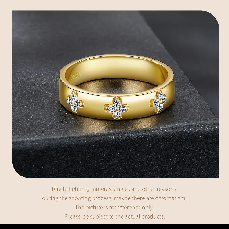 925 Sterling Silver Lucky Clover Moissanite Ring, Gold Plated D Color Round Cut Wide Band Ring for Women Wedding Gift