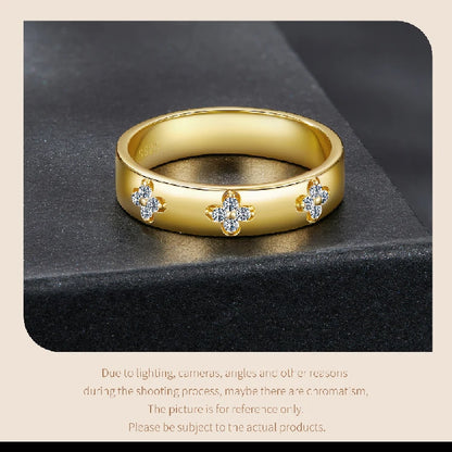 925 Sterling Silver Lucky Clover Moissanite Ring, Gold Plated D Color Round Cut Wide Band Ring for Women Wedding Gift