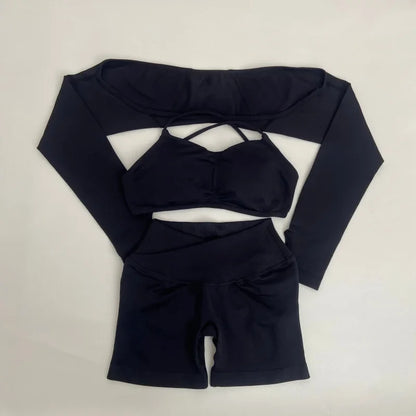 Yoga Vision Shrug 3 Pieces Top Leggings Gym Set Women's Seamless High Elastic Longline Vest Buttock lift  Exercise Shorts Set