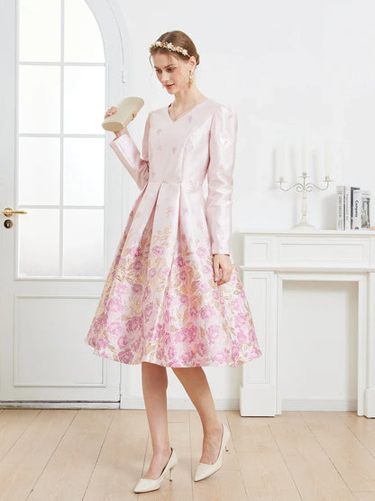 Fall/Winter Elegant French-style Romantic Pink Heavy Embroidery V-Neck Long-Sleeve Party Banquet Dress wedding guest dress