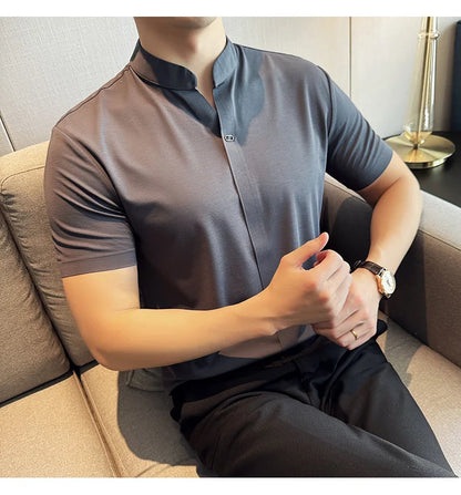Men's High Elastic V-neck Polo Shirt, Thin Short-sleeve T-shirt, Business Casual Men's Top, 2024 High Quality, M-4XL.