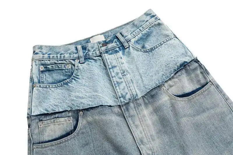 Niche Colorblock Patchwork Wide Leg Blue Jeans Men's Spring 2025 New Straight Double Waist Design Denim Trousers 28W6048