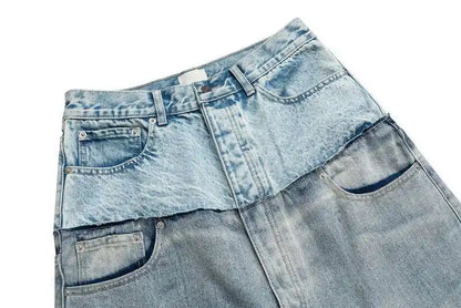 Niche Colorblock Patchwork Wide Leg Blue Jeans Men's Spring 2025 New Straight Double Waist Design Denim Trousers 28W6048