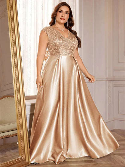 Plus Size Gold Luxury V-Neck Sequins Embroidery With Pocket  Evening Dresses Elegant Women Wedding Party Cocktail Gowns Event