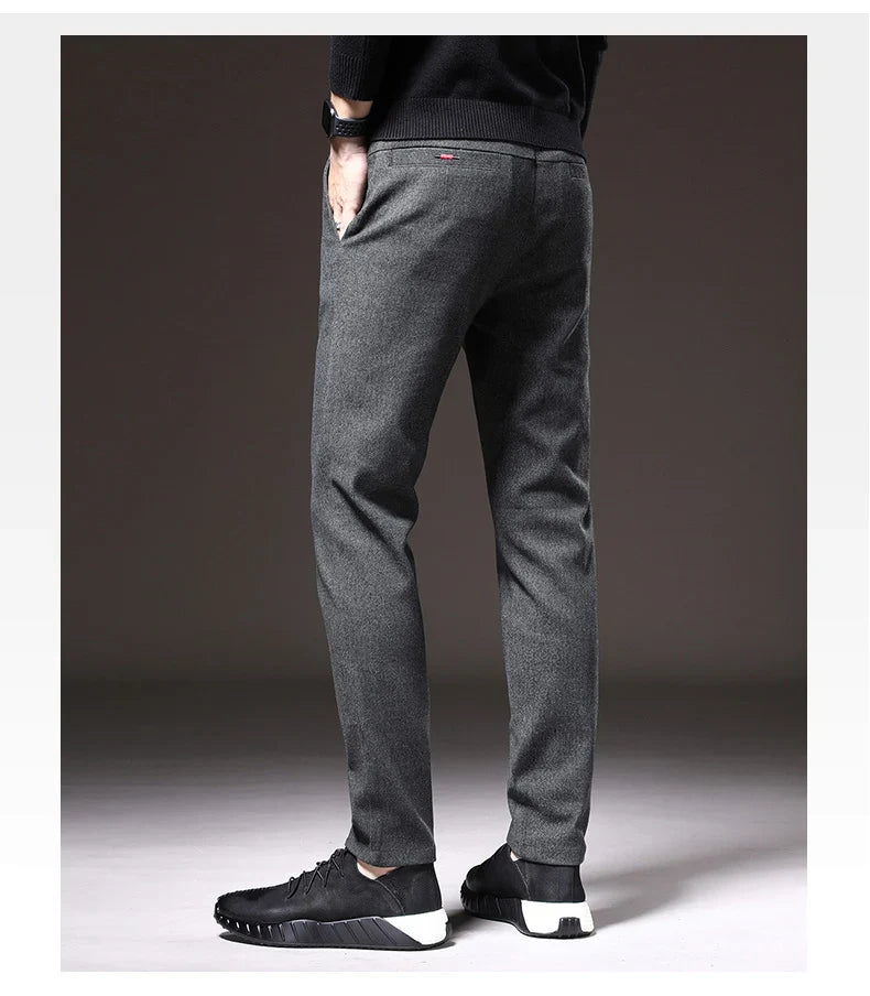 Autumn Winter Thick Men's Casual Pants Brushed Fabric Straight Slim Business Fashion Trousers Stretch Korean Male Clothing