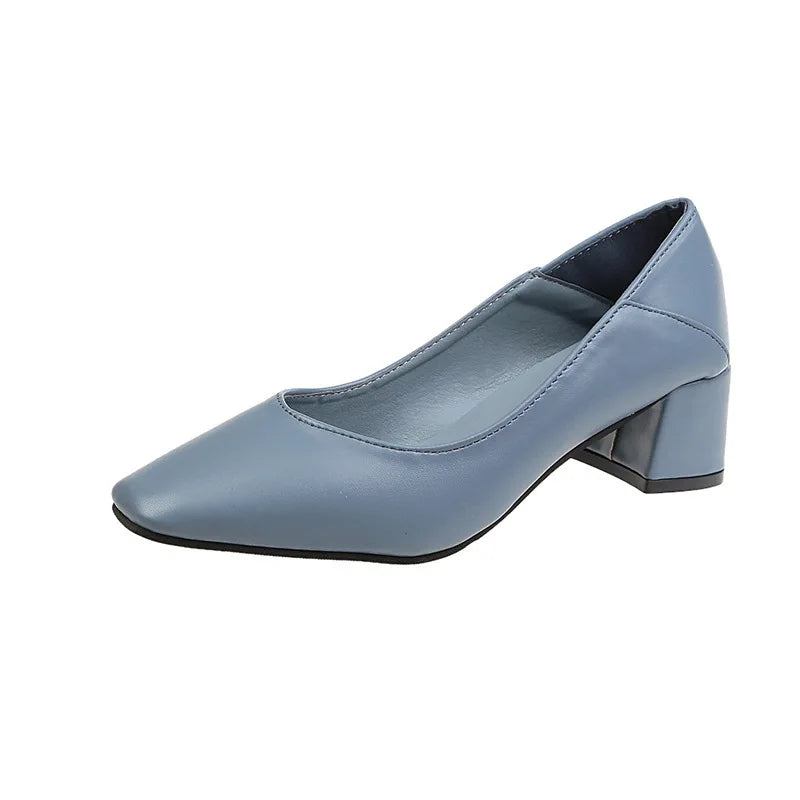 Shallow Mouth with Follow-up Shoes 2024 New Simple Solid Color Middle Heel Square Toe Daily Work Single Shoe Zapatos De Mujer
