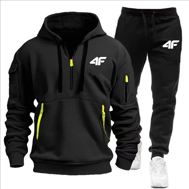 Men's tracksuit zipper hood multi-pocket and protective pants casual jogging tracksuit fall/winter 2-piece setLarge size S-3XL
