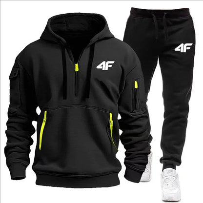 Men's tracksuit zipper hood multi-pocket and protective pants casual jogging tracksuit fall/winter 2-piece setLarge size S-3XL