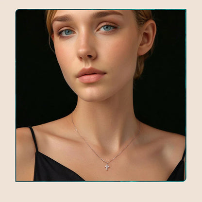 White Gold Plated Moissanite Cross Necklace & Earrings for Women, 925 Sterling Silver Small Religious Faith Xmas Jewelry