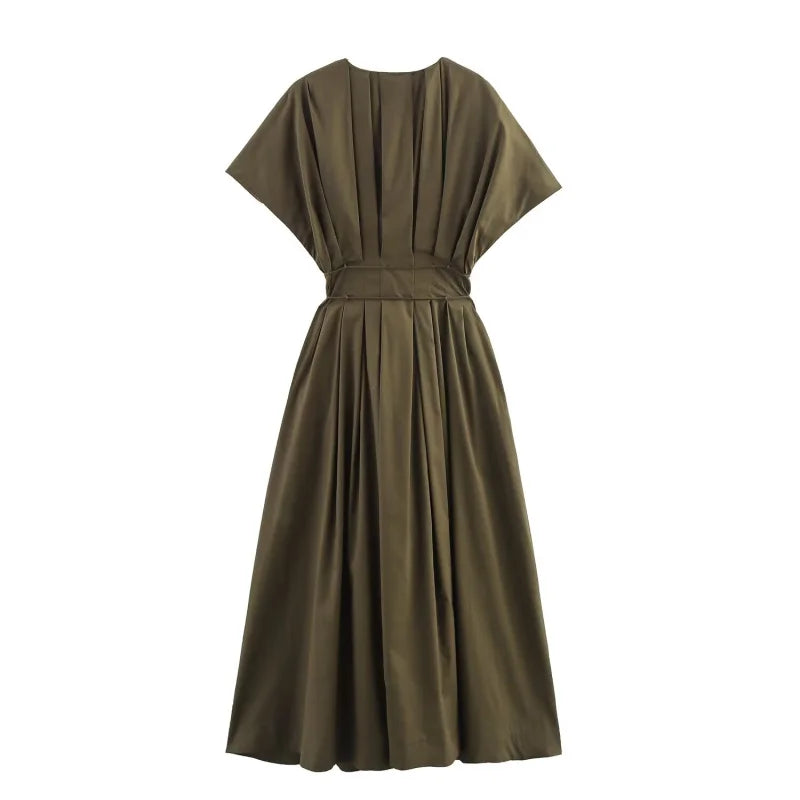 women's elegant party dress Vintage V-neck fashion pleated lace-up MIDI poplin dress