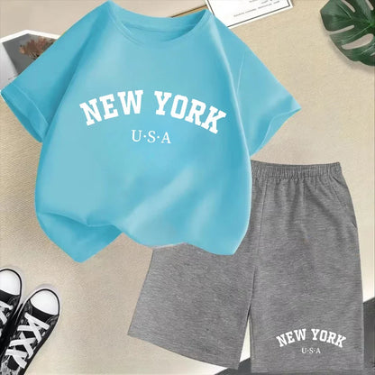 Summer Short Sleeve New York USA Letter Graphic Kid Tshirt +shorts 2pcs Set Baby Boy Girl Clothes Sport Cotton Children Outfit