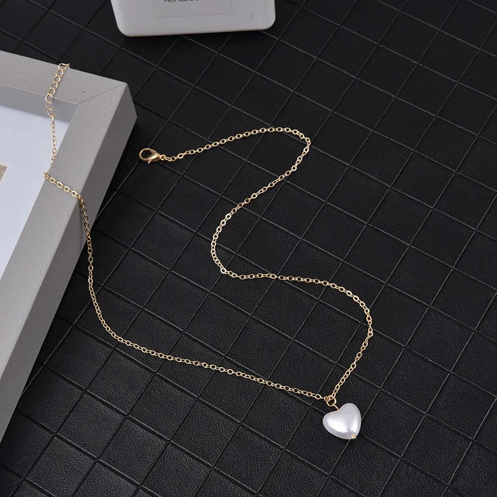 Fashion Kpop Pearl Choker Necklace Cute Double Layer Chain Pendant For Women Jewelry Girl Gift