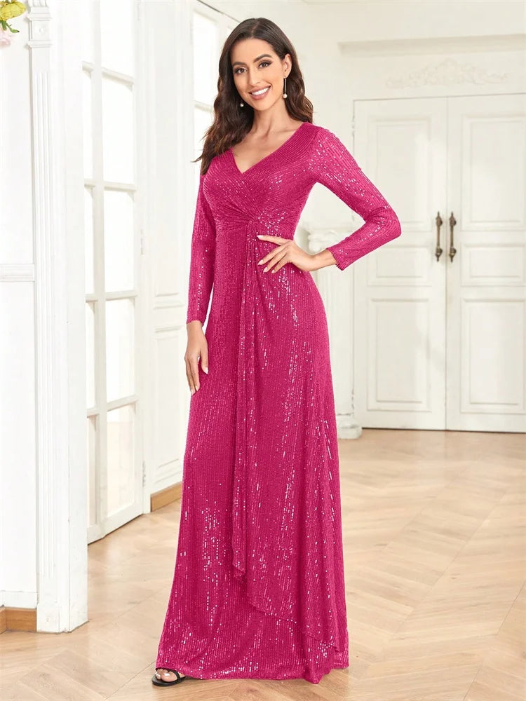 Luxury Floor Length V-Neck Evening Dresses Women Elegant Party Maxi Dress Sequin Long Sleeves Prom Cocktail Dress Gowns