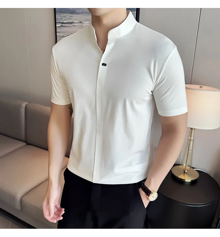 Men's High Elastic V-neck Polo Shirt, Thin Short-sleeve T-shirt, Business Casual Men's Top, 2024 High Quality, M-4XL.