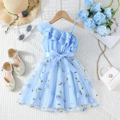 Girls Baby England Style Dresses Kids Lotus Leaf Sloping Shoulder Suspender A-line Skirt Summer Children Fashion Party Clothes