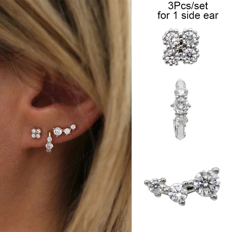 3PCs/set Earrings for 1 Ear Women gold color zirconia Classic Piercing Designer Earring set 2024 Women Jewelry Wholesale