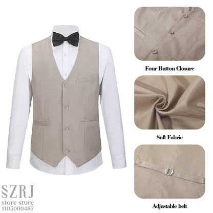 Men's 5-Piece Business Suit Set: Jacket+Vest+Pants+2 Bow Ties (Red+Blue).Premium, Tailored， For Parties, Weddings, Business.