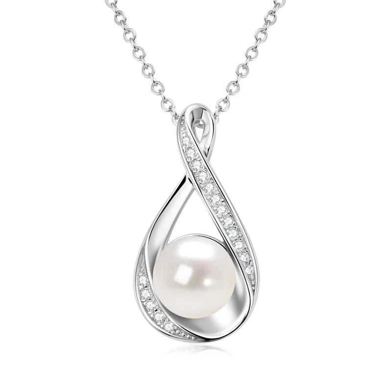 Moissanite Natural Freshwater Pearl Infinity Pendant Necklace & Earrings Sets for Women 925 Sterling Silver Wedding Jewelry Set