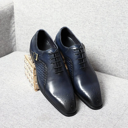 Classy Men's Genuine Leather Oxford Dress Shoes Blue Black Lace-up Brogue Pointed Business Wedding Party Formal Shoes for Men