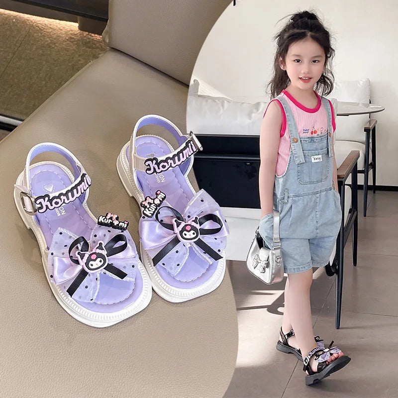 Kids'Sandals Kuromi PU Leather Bow Flat Spring Shoes For Girls Anti-slip Soft Thick Bottom White Black Shoes Size 25-36