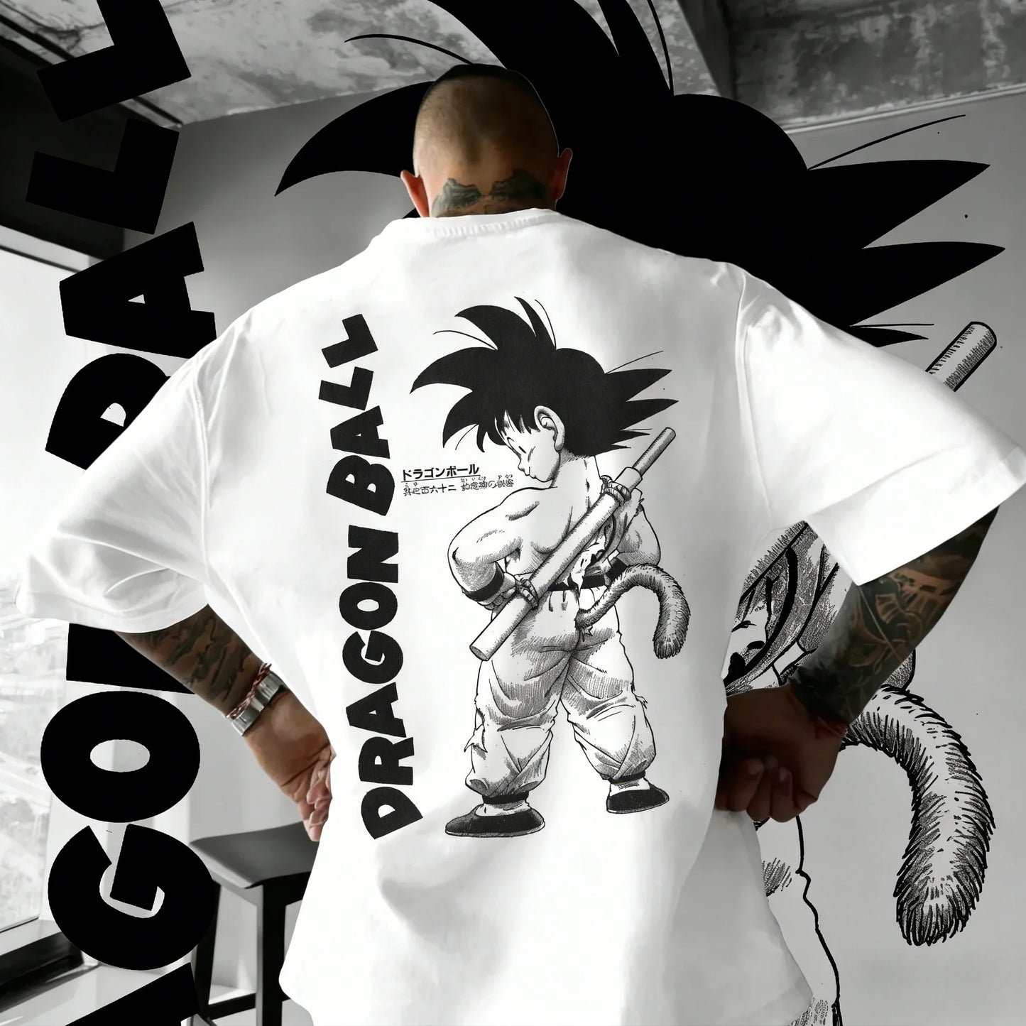 Oversized T-shirt High Quality 100% Cotton Kid Goku with Power Pole Line Art Print UnisexCasual Y2K