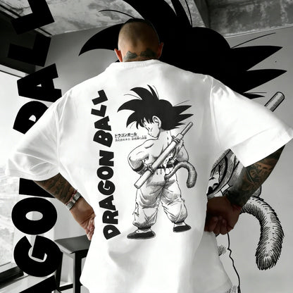 Oversized T-shirt High Quality 100% Cotton Kid Goku with Power Pole Line Art Print UnisexCasual Y2K