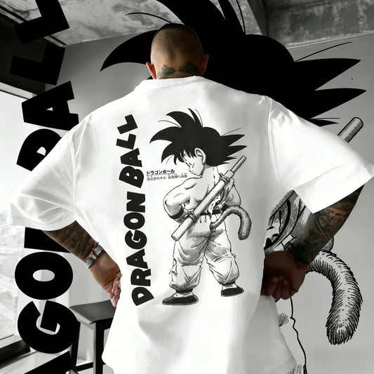 Oversized T-shirt High Quality 100% Cotton Kid Goku with Power Pole Line Art Print UnisexCasual Y2K