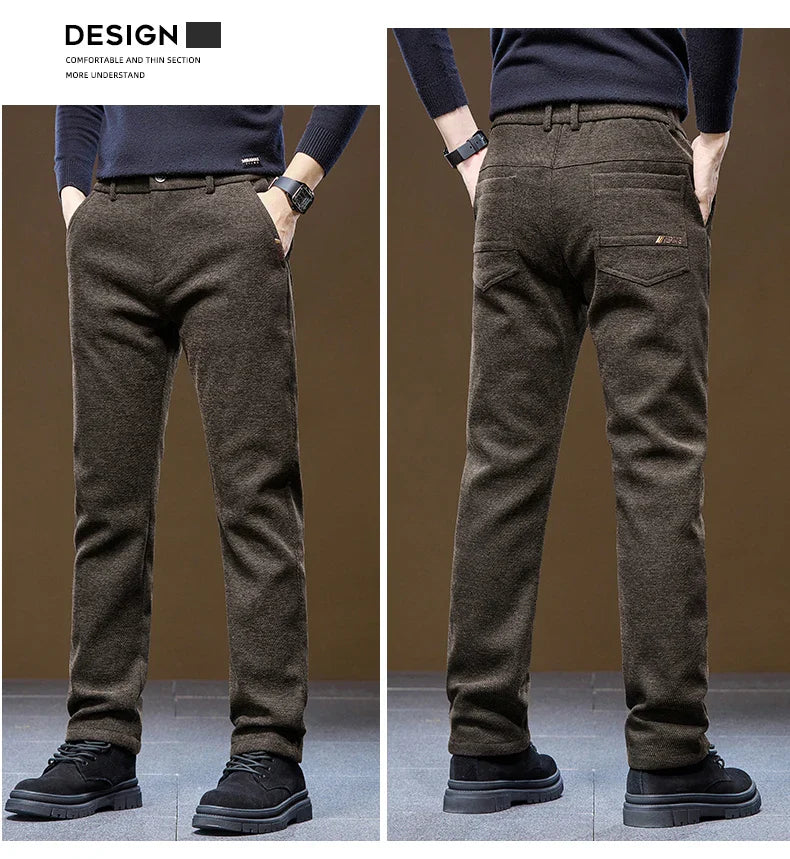 Men's Winter Casual Pants Thick Fleece Warm Elastic Waist Straight Slim Trousers Light Business Comfort Daily Wear Thermal Pants