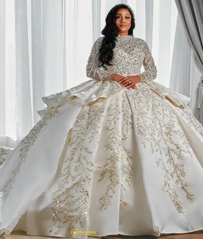 2026 Luxurious Arabic Style A Line Wedding Gowns Long Sleeves Plus Size Puffy Train Princess Sparkly Sequins Bridal Party Dress
