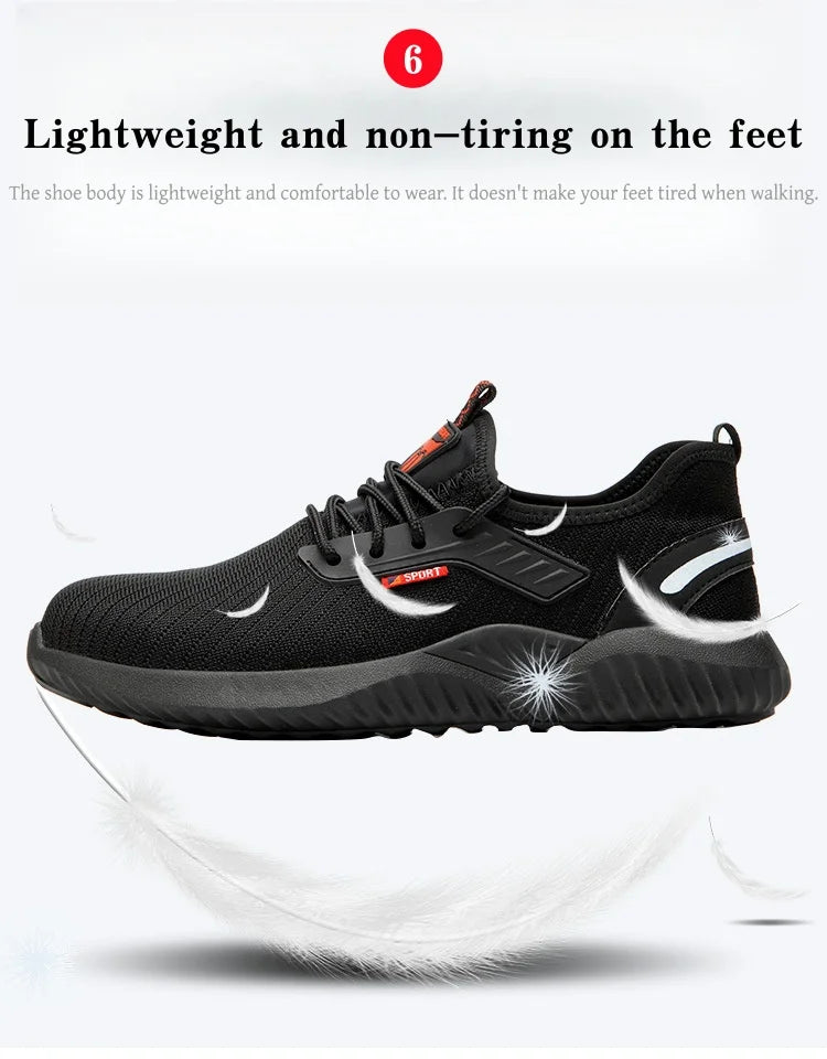 Steel-toe work shoes, puncture-resistant safety boots, sturdy industrial shoes, comfortable and breathable, and slip-resistant.