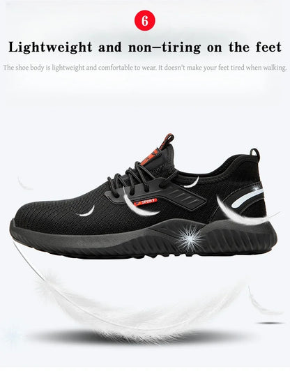 Steel-toe work shoes, puncture-resistant safety boots, sturdy industrial shoes, comfortable and breathable, and slip-resistant.