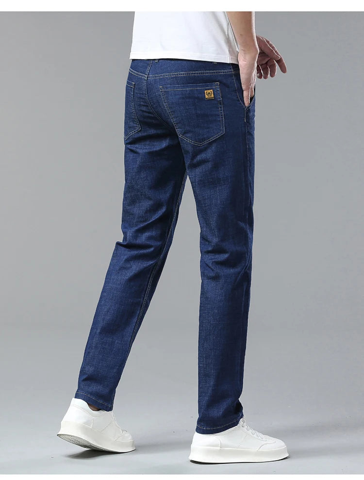 Men's Ice Silk Jeans Summer New Lyocell Thin Business Casual Denim Pants Classic All Match Slim Fit Straight Elastic Jean Male
