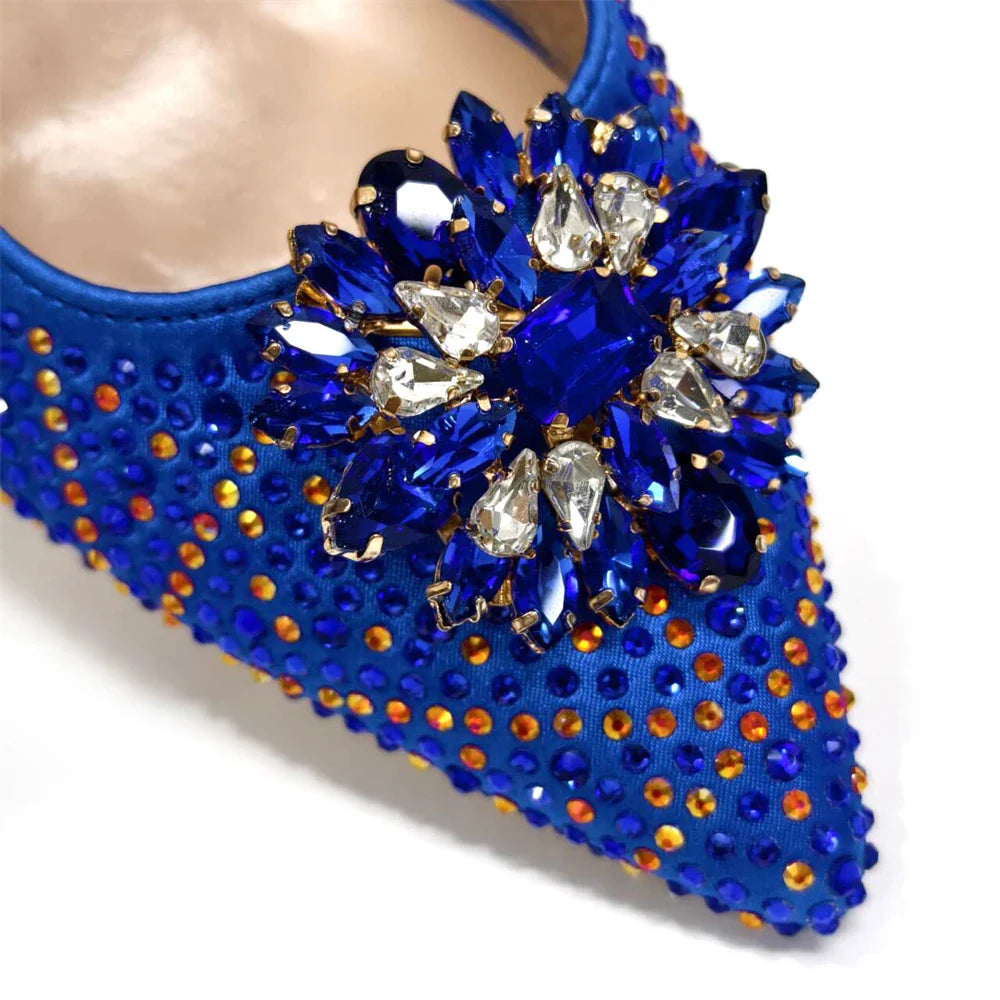INS Style Green Party Shoe and Bag Set in Women Pointed-Toe Rhinestone High Heels Elegant African Ladies Shoes