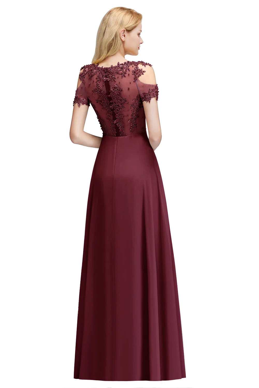 New Burgundy Evening Dresses Illusion Lace Appliques O-Neck Short Sleeve Prom Dress Sheer Back A-Line Long Formal Party Gowns