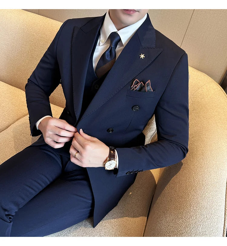 (Jackets+Pants) Luxury Double Breasted Design Slim Fit Suit High Quality Fashion Men's Wedding Social Suit Tuxedo 2 Piece Set