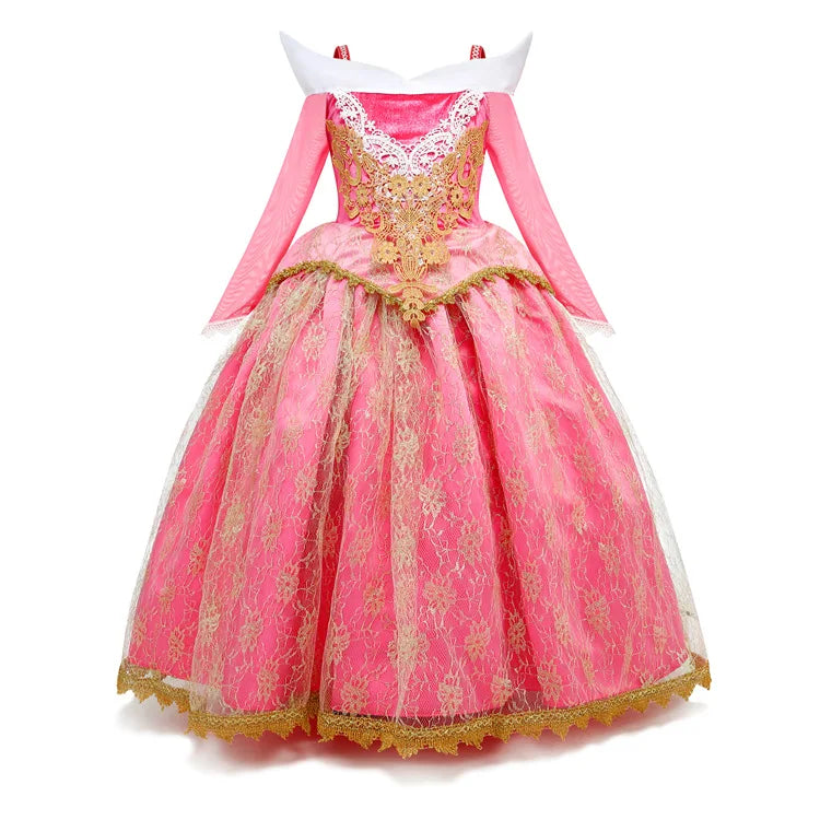 Exquisite Princess Ball Gown Sleeping Beauty Fairy Tale Costume Play Lace Gold Rim Deluxe Christmas Aurora Party Dress 2 4 6 8Yr