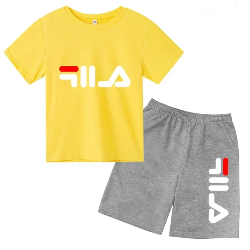 Kids Gift Sports Short-Sleeved Round Neck Black Letters Fashion White T-shirt+Shorts Summer Boy Girl Casual Outdoor Jogging Suit