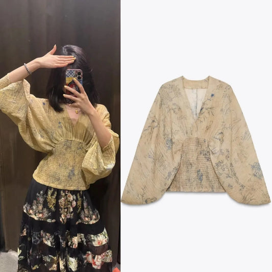 2025  autumn/winter new elegant fashion wide sleeve V-neck print shirt comfortable retro waist top
