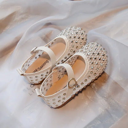 2026Summer Girl's Sandals Crystal Air Mesh Biege Sliver Luxury Kids Flat Shoes Beautiful Party Graceful Anti-skid Childern Shoes